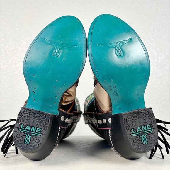 NEW Lane Cactus Button Black Cowboy Bootie 6 Fringe Suede Western Ankle Boots - Picture 8 of 9